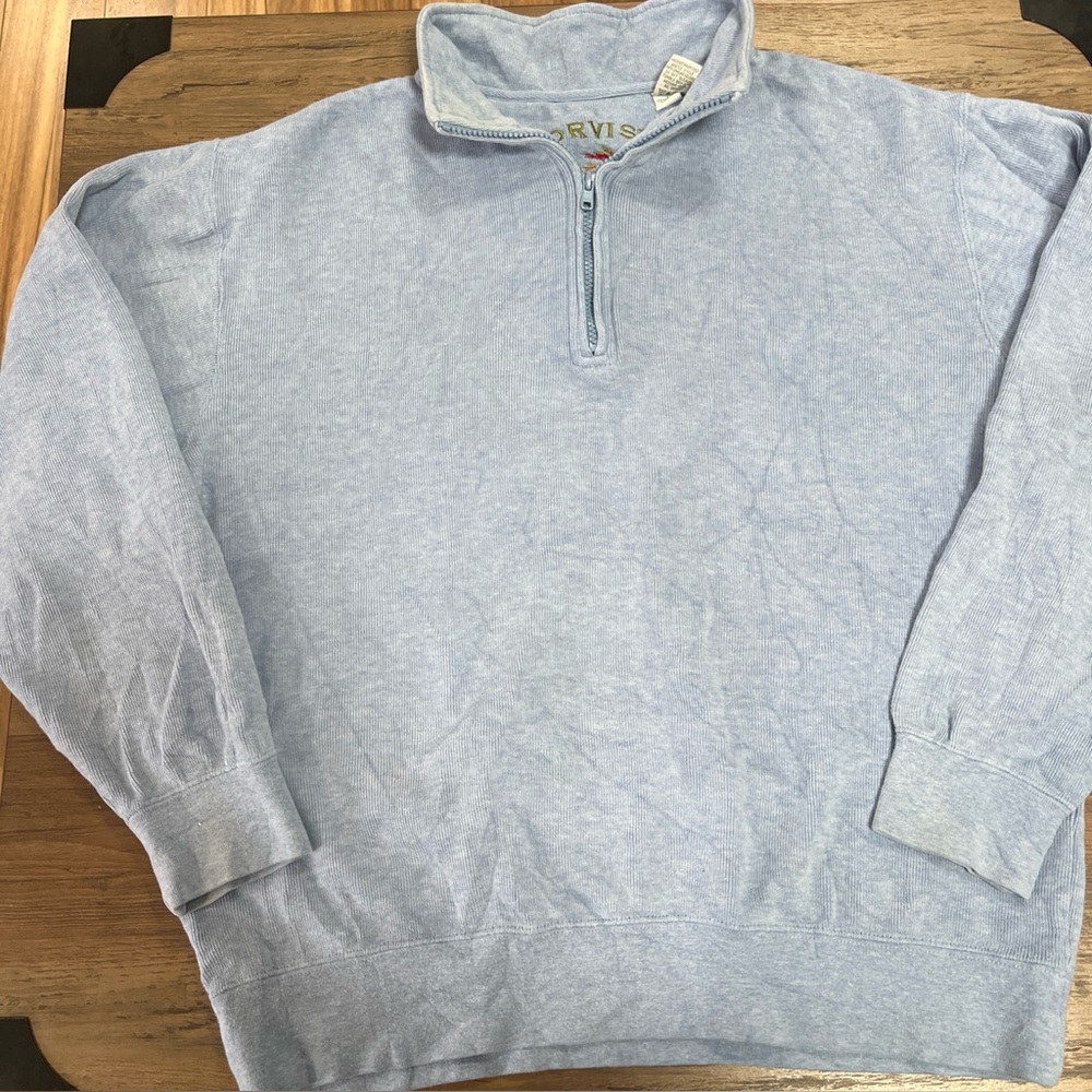 Orvis Men’s 1/4 Zip Pullover Thick Heavy 100% Cotton Sweater LT Blue M